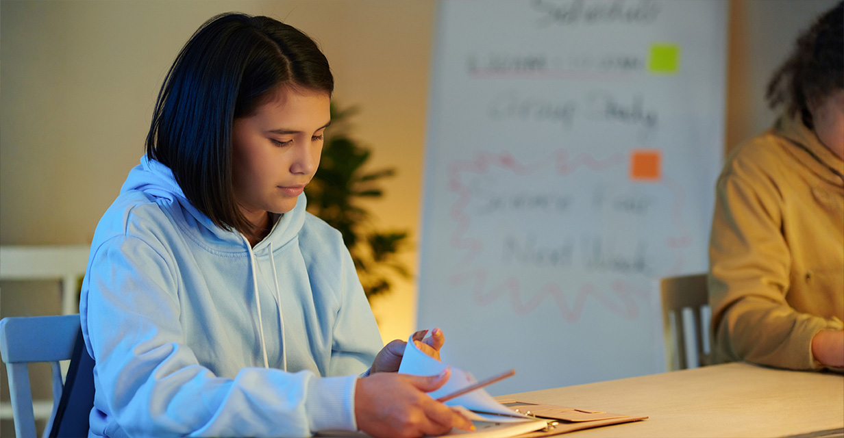 Year 3–9 student reading in library to build NAPLAN vocabulary