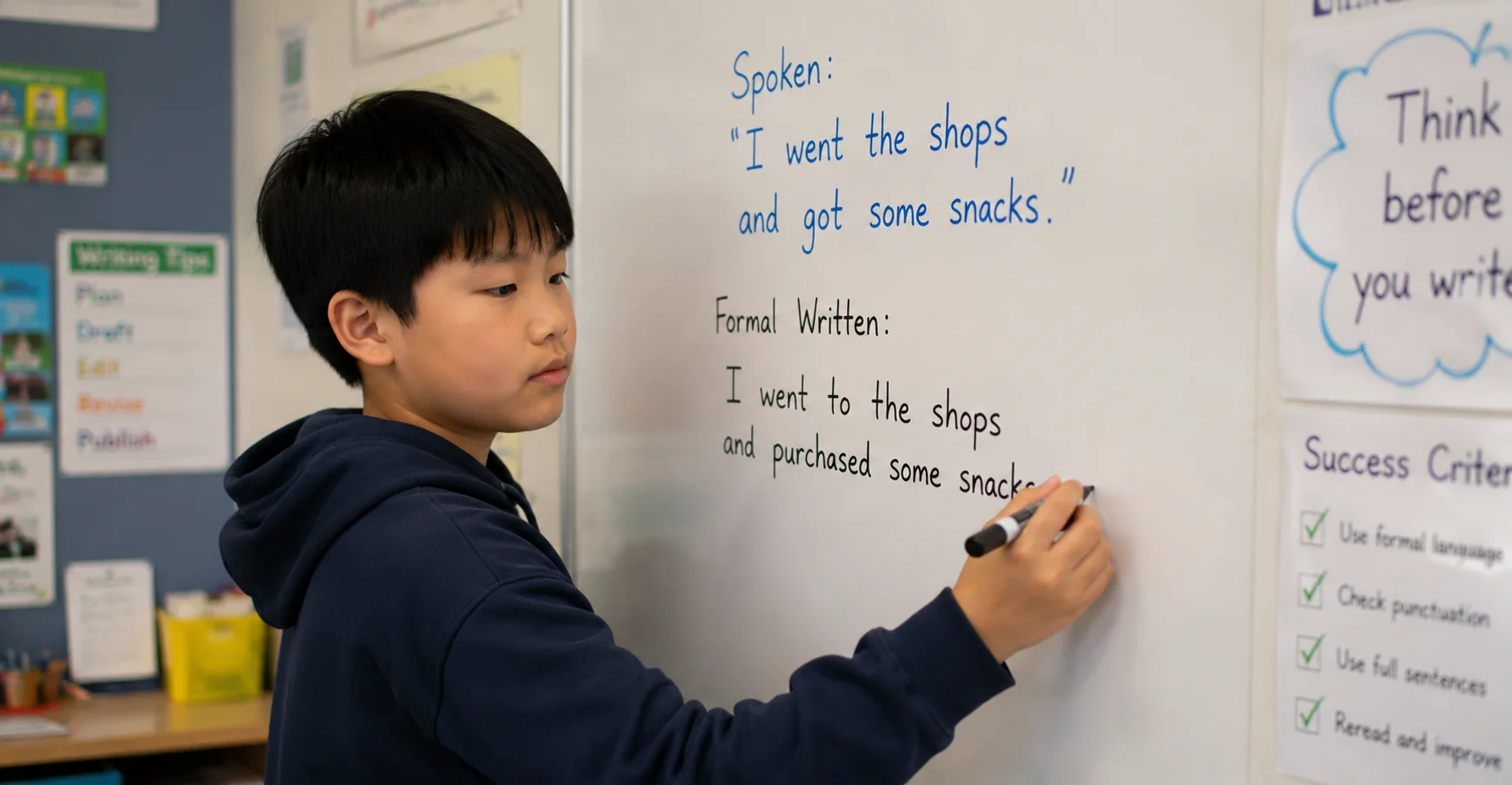 Child attempting to transfer informal spoken language into formal written English at school