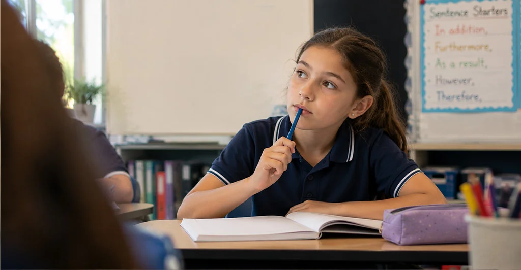 Child using vague filler phrases in conversation reflecting vocabulary gap in English