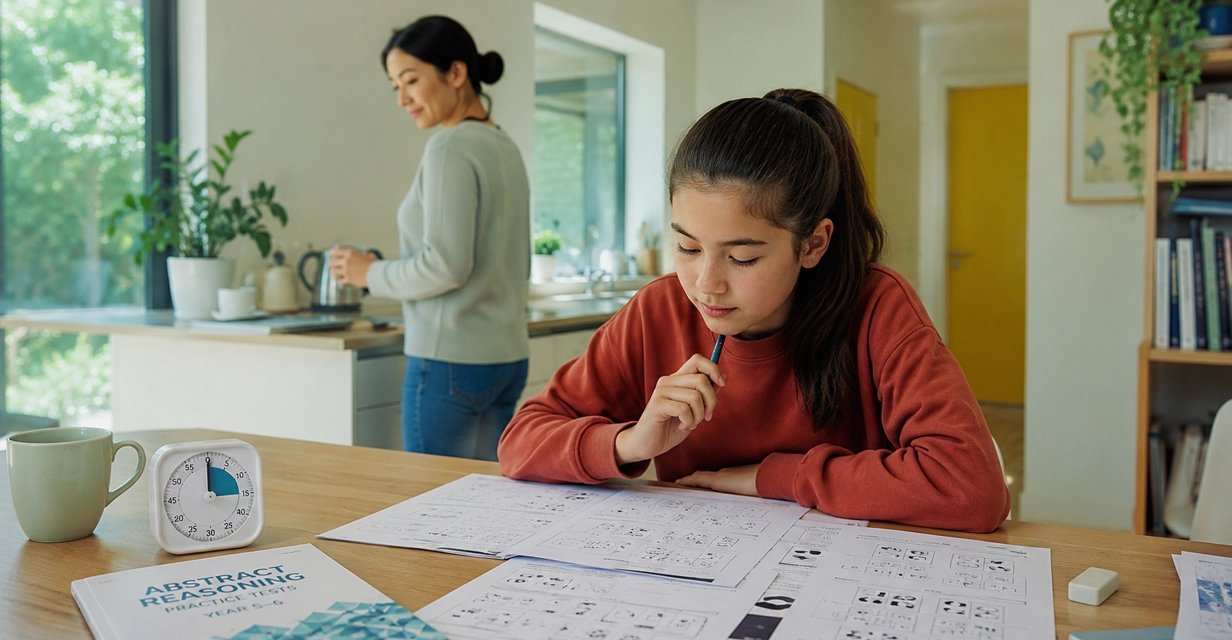Parent and Year 6 child doing timed abstract reasoning practice at home in Perth