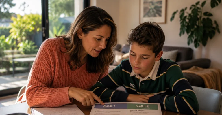 Calm parent and child doing homework together at home without conflict