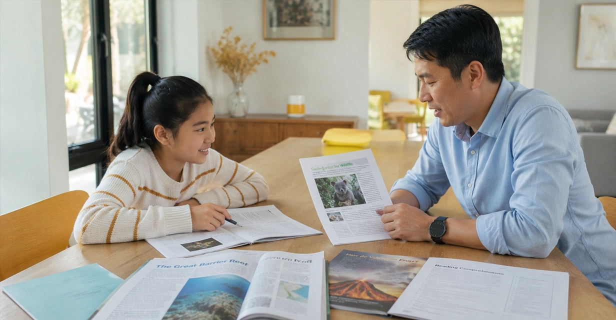 Parent and Year 6 child reading varied texts together at home in Perth