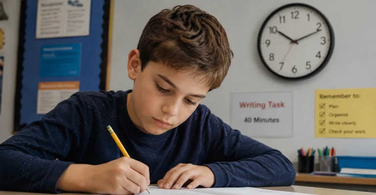 Year 6 child writing under time pressure during the ASET writing task