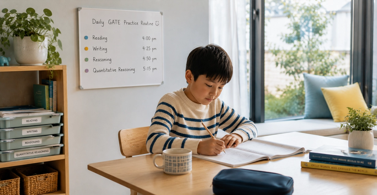 Child following a relaxed daily GATE practice routine at home