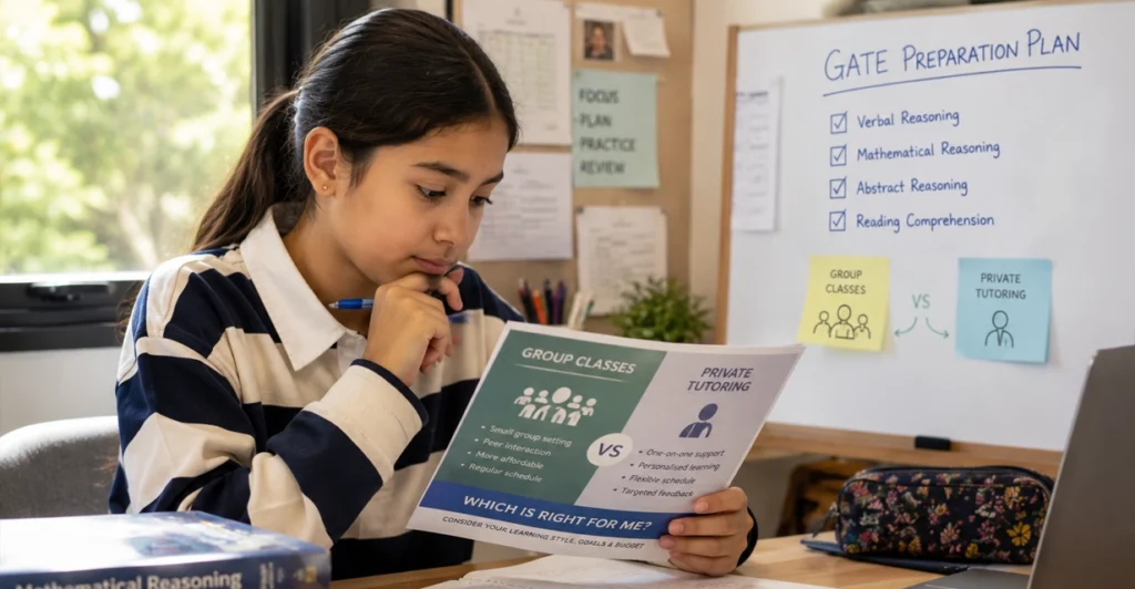 Perth child preparing for the GATE test weighing group and private tutoring options