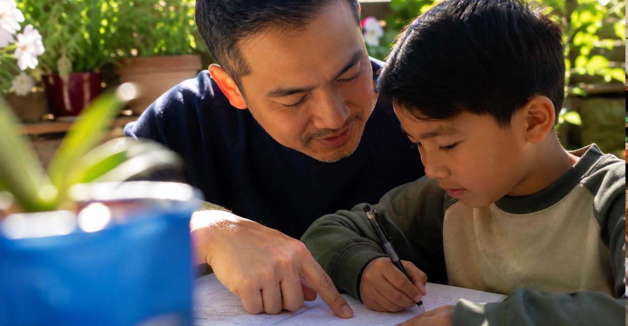 Calm encouraging parent supporting a child with maths homework