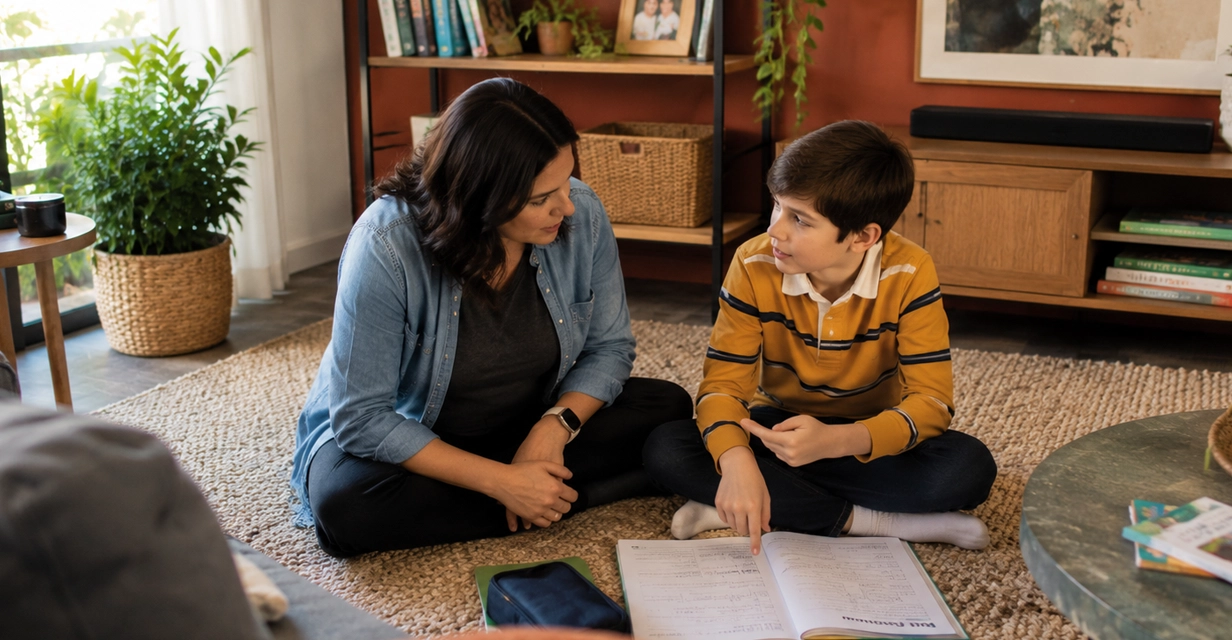 Parent and child sitting together over unfamiliar maths homework at home