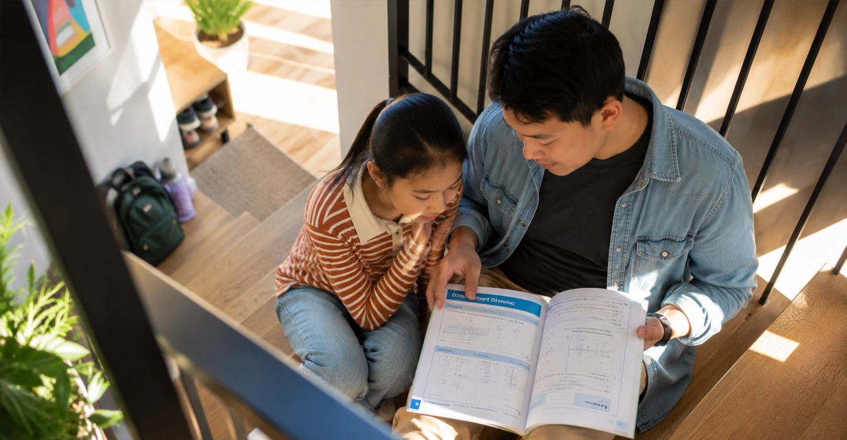 Parent and child looking up a maths method together in a school workbook