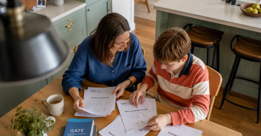 Parent and child preparing for the GATE test at home at the kitchen table