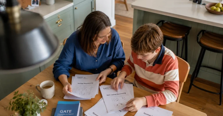 Parent and child preparing for the GATE test at home at the kitchen table