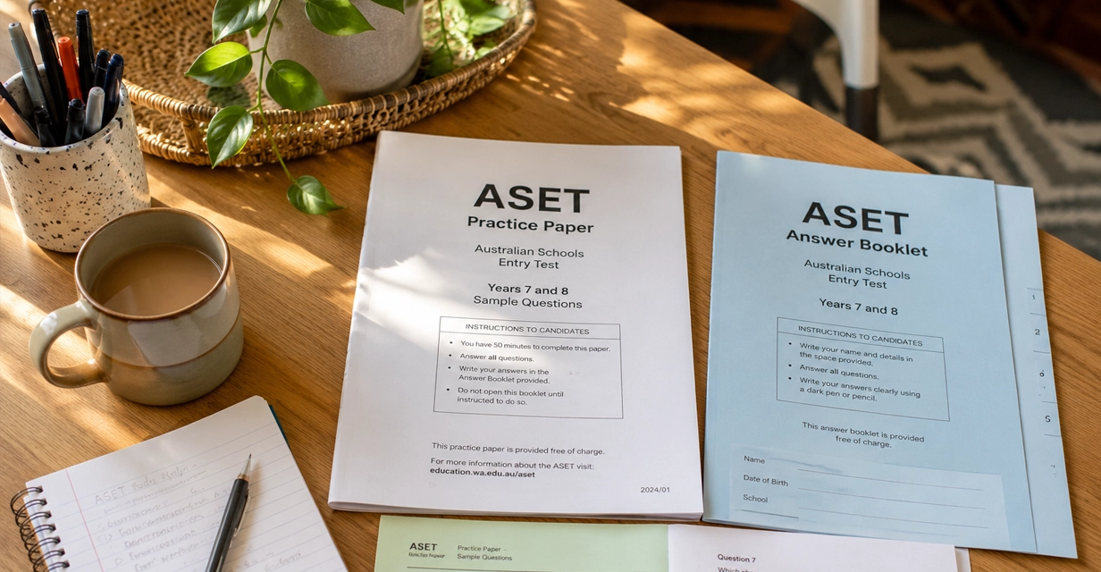 Free official ASET practice paper and answer booklet laid out for home study