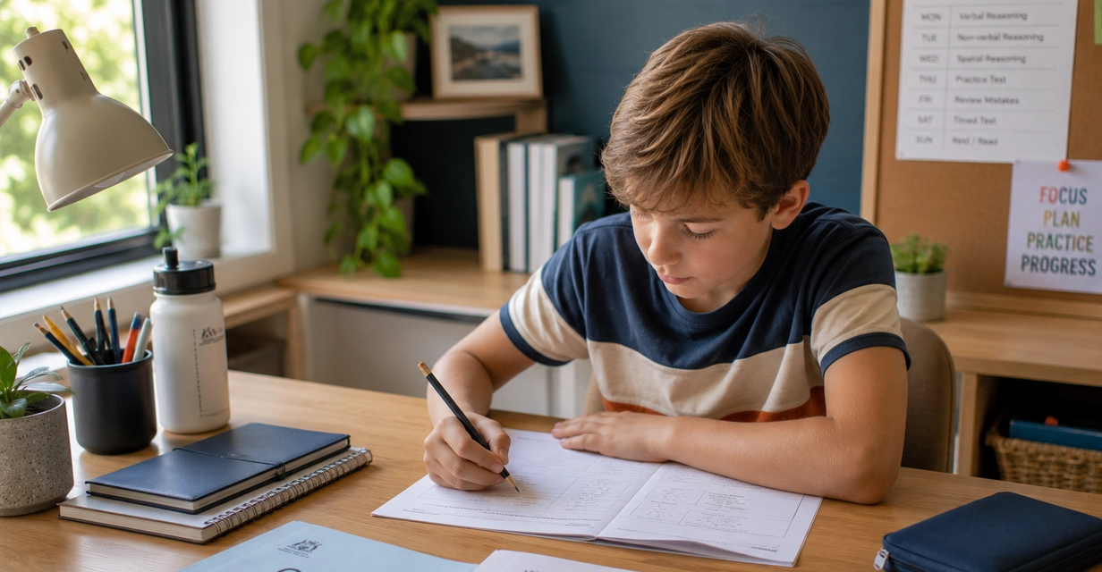 Year 6 child following a calm home GATE study routine at a desk in Perth
