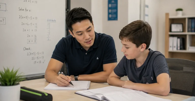 Patient maths tutor in Perth explaining a single step to a focused young student