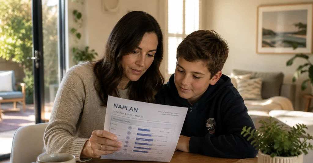 WA parent reading a NAPLAN report with their child at home