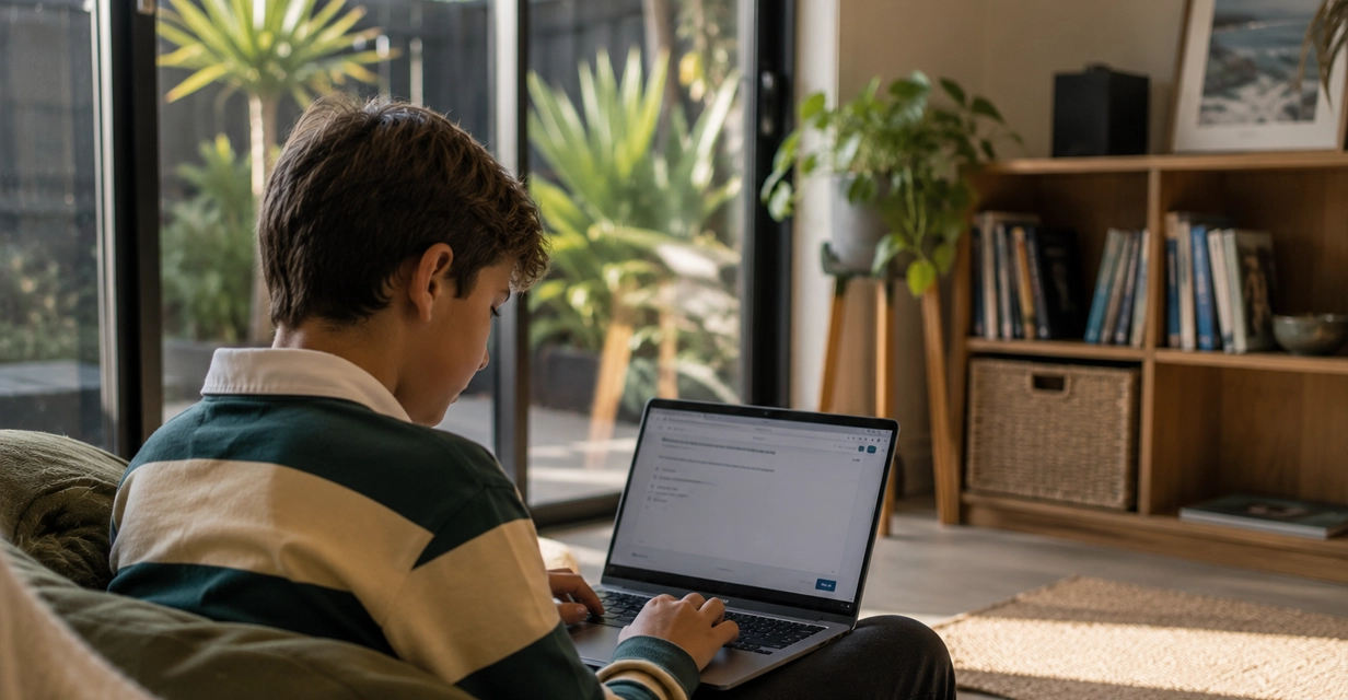 Child doing light NAPLAN practice on a computer at home in Perth