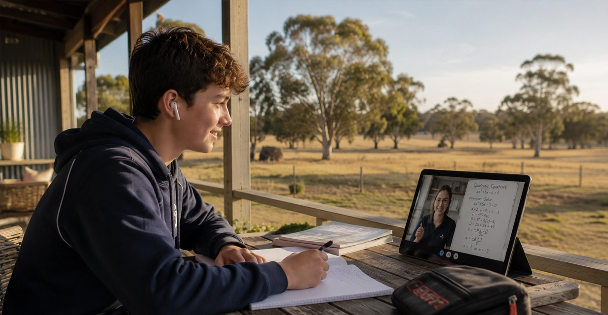 Regional WA student reaching an online maths tutor by video from a country home