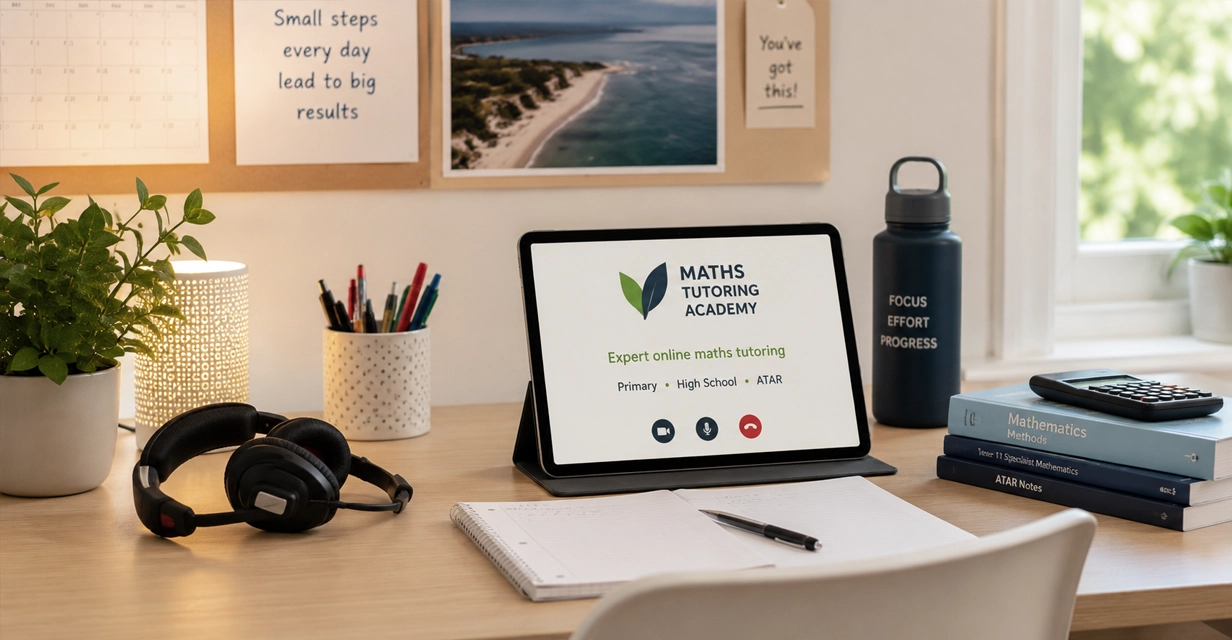 Tidy home desk setup with headset and tablet ready for online tutoring in Perth