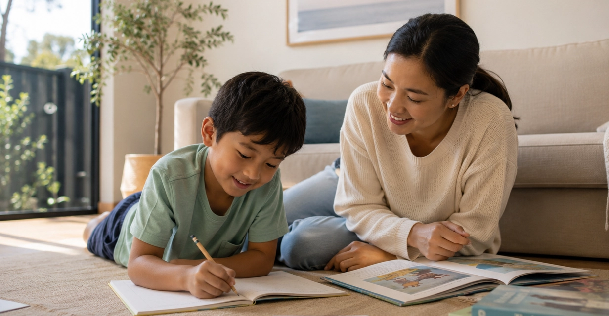 Primary child reading and writing with an English tutor in the southern suburbs
