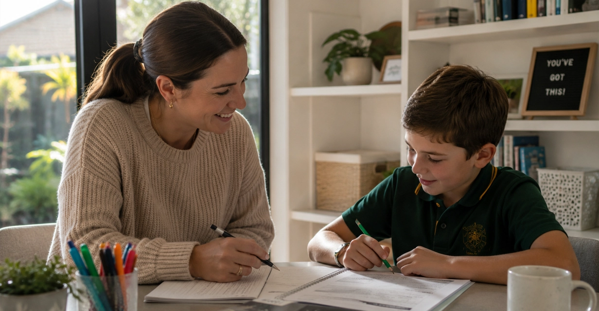 Primary school child working with a friendly tutor in a southern Perth suburb
