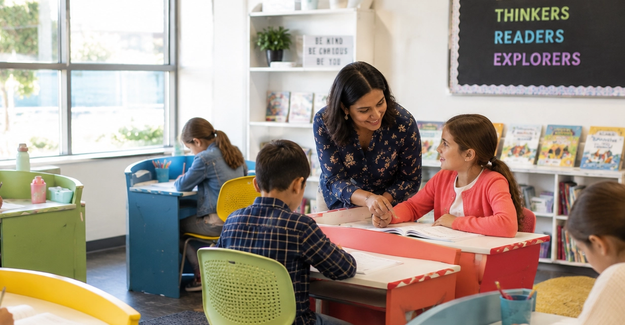 A warm primary tutor working with a child, showing value over price