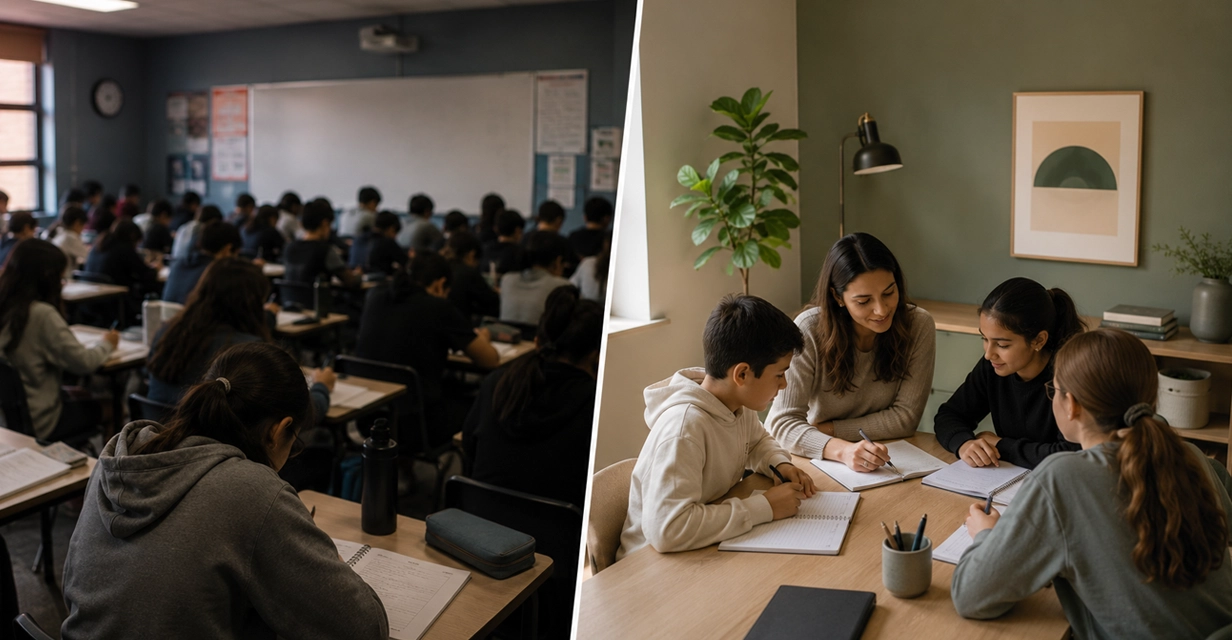 Contrast between a crowded classroom and a focused small group tutoring session