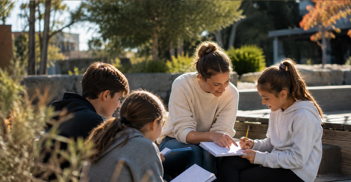 Tutor giving individual feedback to one child within a small group