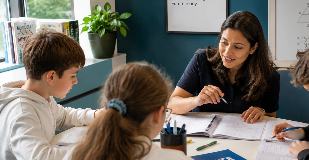 Tutor working with a small group of a few students around a table in Perth